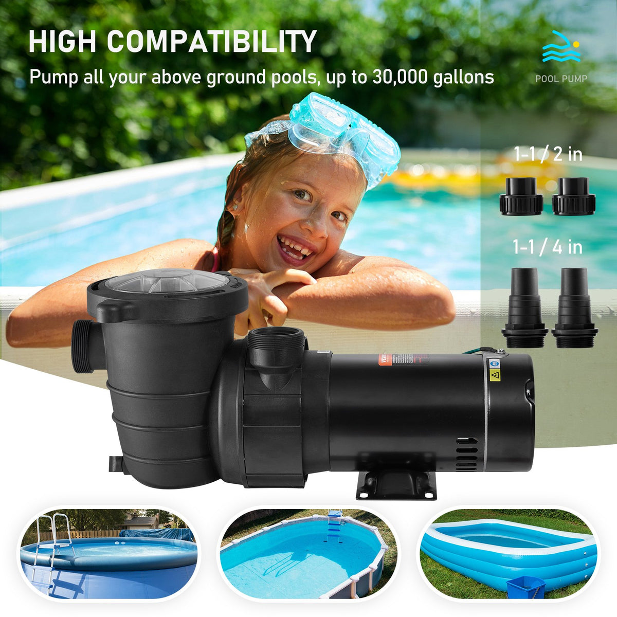 VEVOR Swimming Pool Pump 2.0HP 115V 1500W, Single Speed Pumps for Above Ground Pool, Powerful Pool Pumps with Strainer Basket, 5400 GPH Max. Flow, ETL Certification