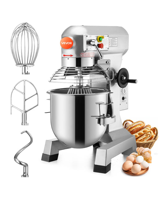 VEVOR Commercial Food Mixer 10Qt 450W 3 Speeds Adjustable 110/178/390 RPM Heavy Duty 110V with Stainless Steel Bowl Dough Hooks Whisk Beater Premium for Schools Bakeries Restaurants Pizzerias