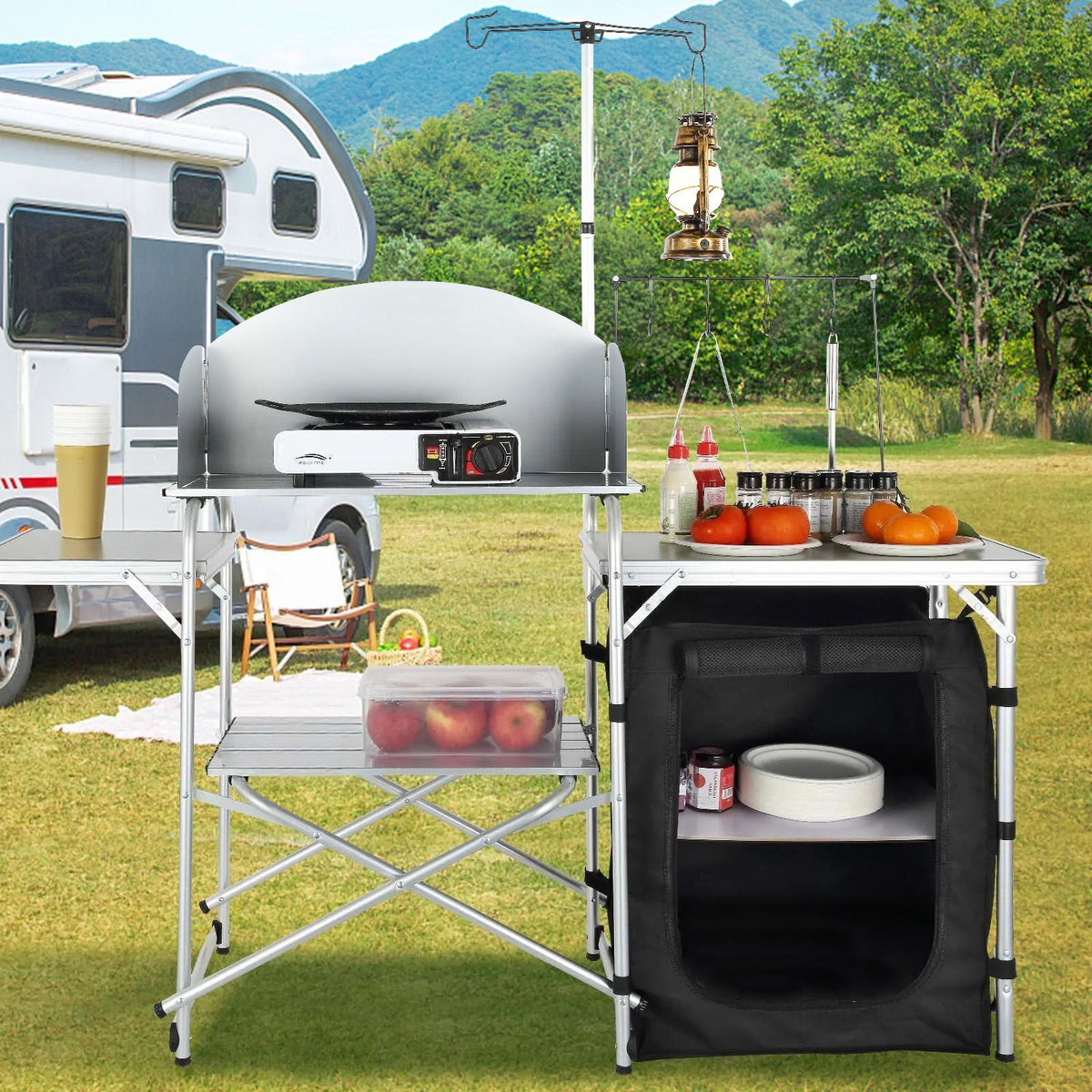 VEVOR Camping Kitchen Table, Folding Outdoor Cooking Table with Storage Carrying Bag, Aluminum Cook Station 1 Cupboard & Detachable Windscreen, Quick Set-up for Picnics, BBQ, RV Traveling, Black