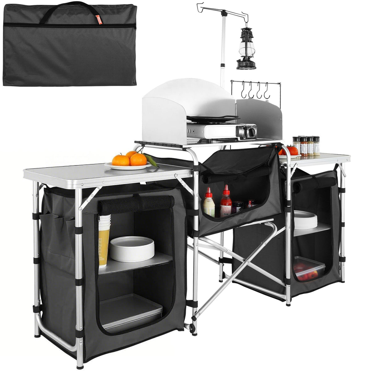 VEVOR Camping Kitchen Table, Folding Outdoor Cooking Table with Storage Carrying Bag, Aluminum Cook Station 3 Cupboard & Detachable Windscreen, Quick Set-up for Picnics, BBQ, RV Traveling, Black