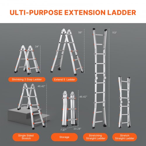 VEVOR Telescoping Ladder A Frame, 9.5 FT Compact Aluminum Extension Ladder, Multi-Function Portable Collapsible RV Ladder, Te