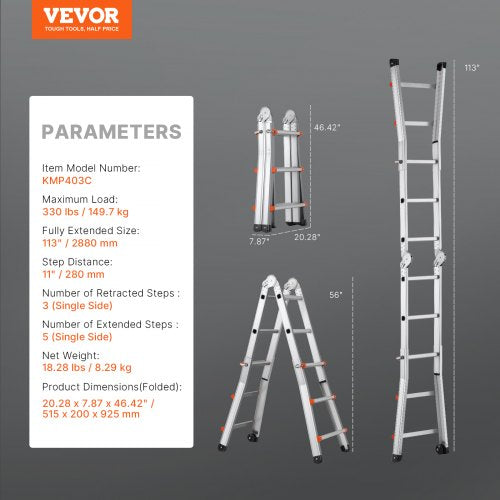 VEVOR Telescoping Ladder A Frame, 9.5 FT Compact Aluminum Extension Ladder, Multi-Function Portable Collapsible RV Ladder, Te