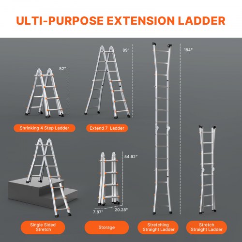 VEVOR Telescoping Ladder A Frame, 15.5 FT Compact Aluminum Extension Ladder, Multi-Function Portable Collapsible RV Ladder, T