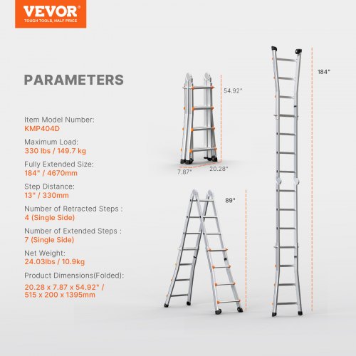VEVOR Telescoping Ladder A Frame, 15.5 FT Compact Aluminum Extension Ladder, Multi-Function Portable Collapsible RV Ladder, T