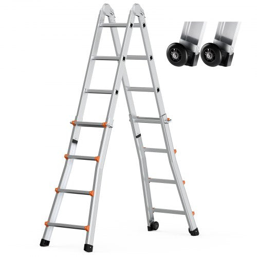 VEVOR Telescoping Ladder A Frame, 15.5 FT Compact Aluminum Extension Ladder, Multi-Function Portable Collapsible RV Ladder, T