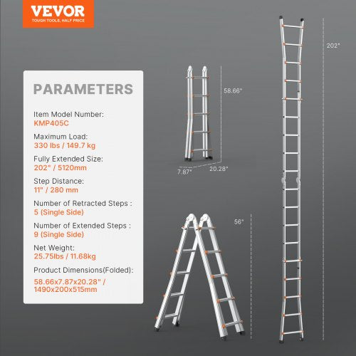 VEVOR Telescoping Ladder A Frame, 17 FT Compact Aluminum Extension Ladder, Multi-Function Portable Collapsible RV Ladder, Tel