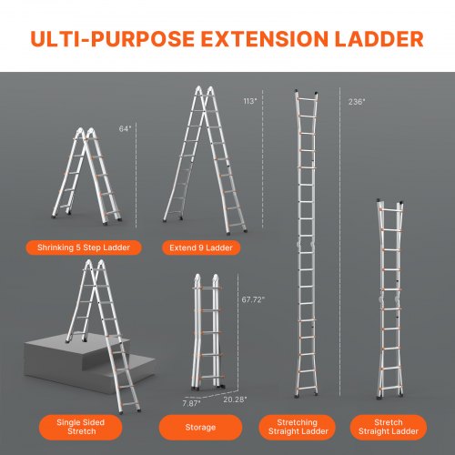 VEVOR Telescoping Ladder A Frame, 20 FT Compact Aluminum Extension Ladder, Multi-Function Portable Collapsible RV Ladder, Tel