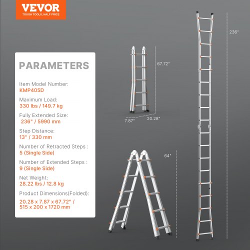VEVOR Telescoping Ladder A Frame, 20 FT Compact Aluminum Extension Ladder, Multi-Function Portable Collapsible RV Ladder, Tel