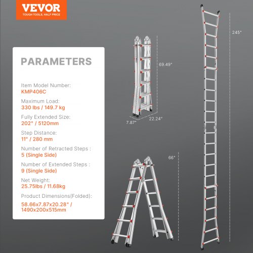VEVOR Telescoping Ladder A Frame, 20.5 FT Compact Aluminum Extension Ladder, Multi-Function Portable Collapsible RV Ladder, T