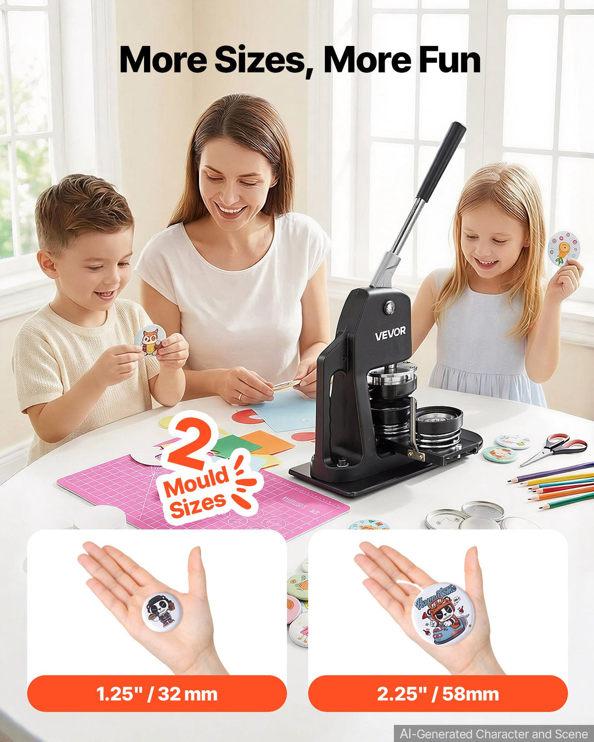 VEVOR Button Maker Machine, Multiple Sizes 1.25+2.25 Inch Badge Punch Press Kit, Children DIY Gifts Pin Maker, Button Making Supplies with 500pcs Button Parts & Circle Cutter & Magic Book