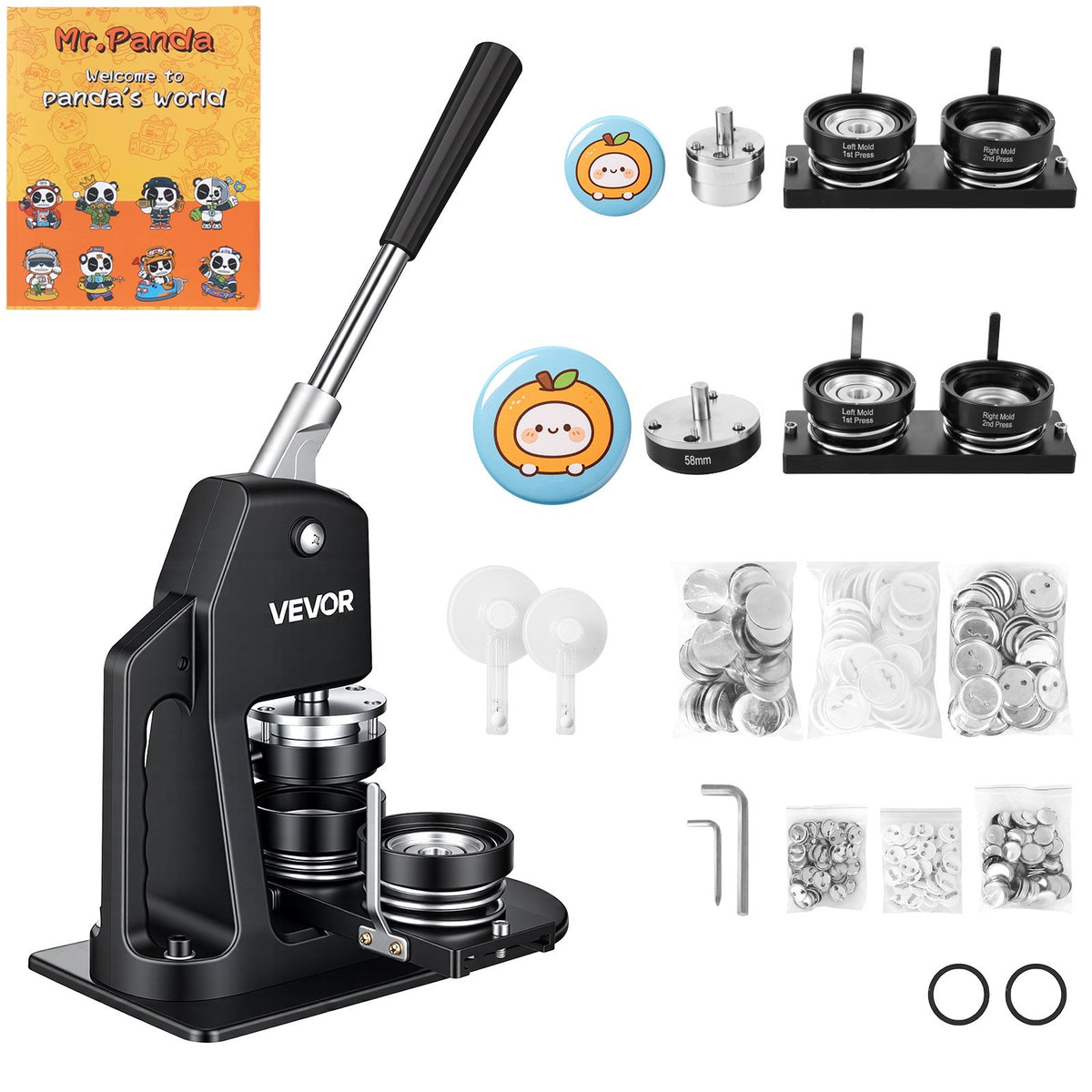 VEVOR Button Maker Machine, Multiple Sizes 1.25+2.25 Inch Badge Punch Press Kit, Children DIY Gifts Pin Maker, Button Making Supplies with 500pcs Button Parts & Circle Cutter & Magic Book