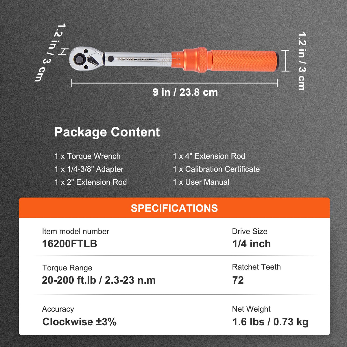 VEVOR Torque Wrench, 1/4-inch Drive Click Torque Wrench 20-200in.lb/3-23n.m, Dual-Direction Adjustable Torque Wrench Set, Mechanical Dual Range Scales Torque Wrench Kit with Adapters Extension Rod