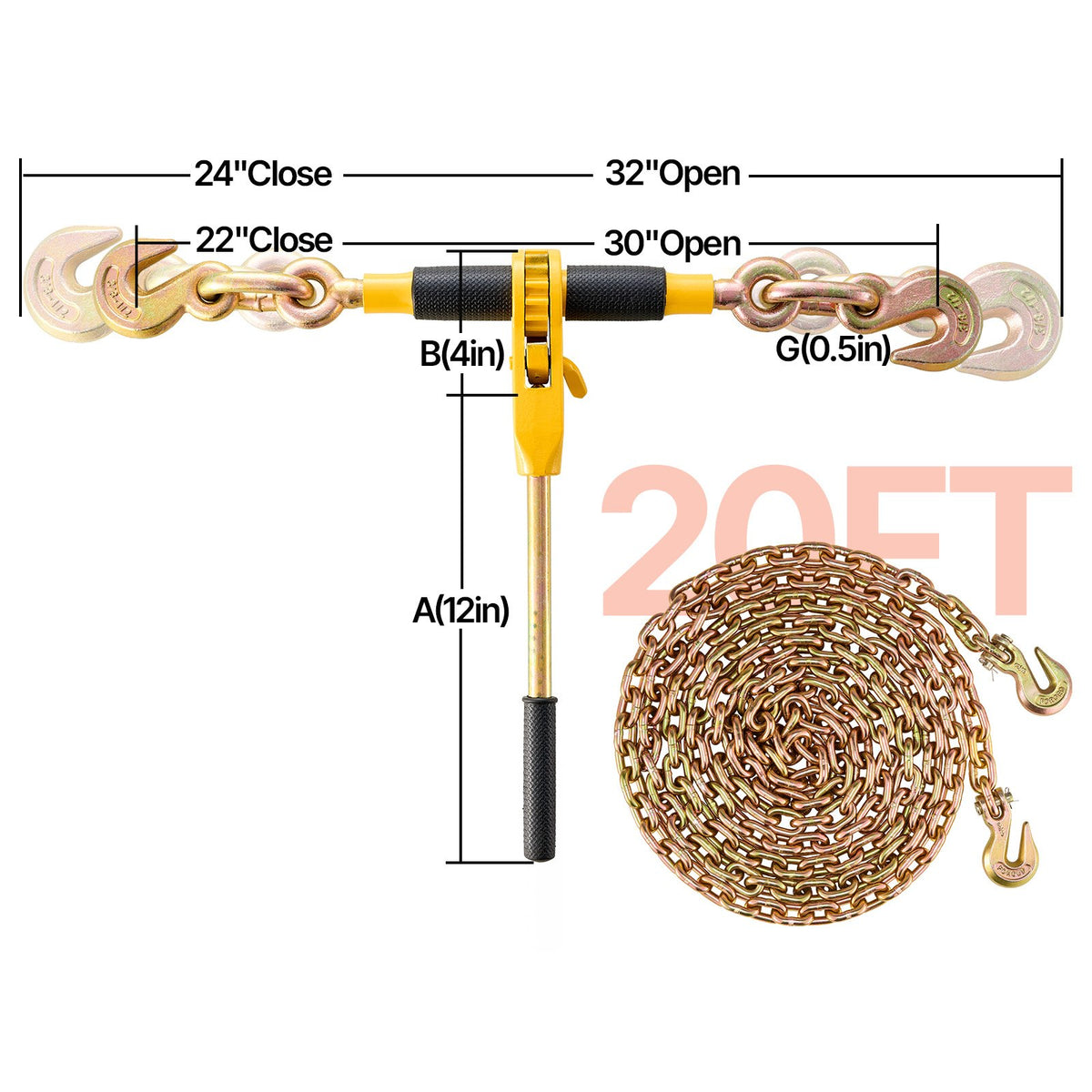 VEVOR Ratchet Chain Binder, 5/16"-3/8" Heavy Duty Load Binders with G80 Chains, 7100 lbs Secure Load Limit, Labor-saving Anti-skid Handle, Tie Down Hauling Chain Binders for Flatbed Truck Trailer, 2 P