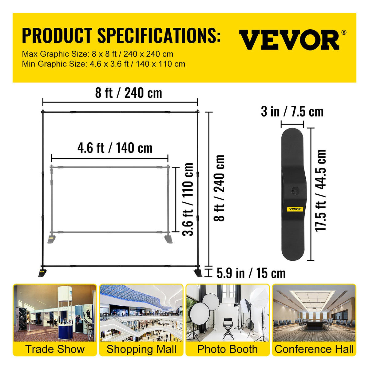 VEVOR Backdrop Banner Stand 8 x 8 Ft Adjustable Heavy Duty Background Stand with 1 Carrying Bag, Backdrop Stand for Parties Wedding Photo Booth Trade Show