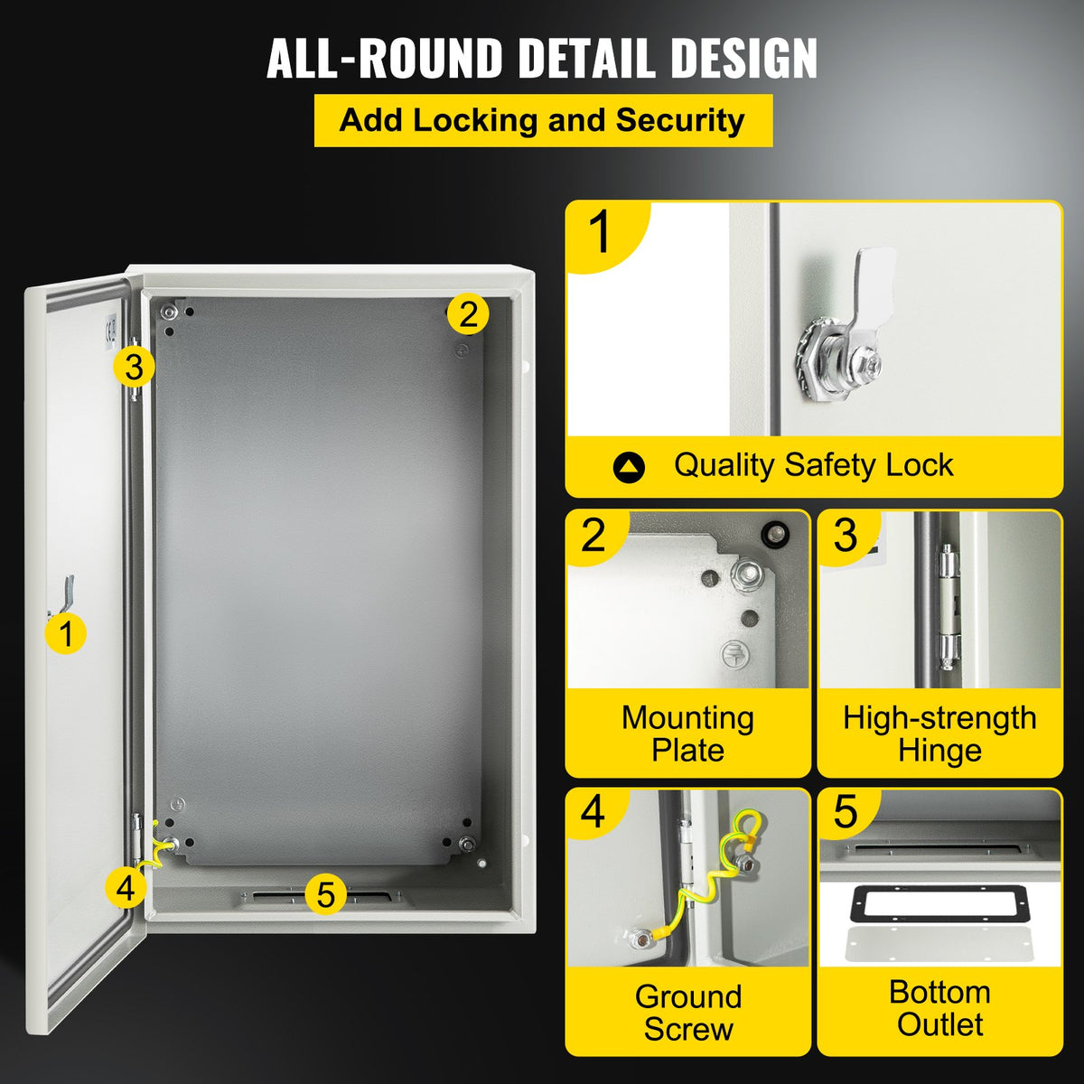 VEVOR NEMA Steel Enclosure, 20 x 12 x 10\'\' NEMA 4X Steel Electrical Box, IP66 Waterproof & Dustproof, Outdoor/Indoor Electrical Junction Box, with Mounting Plate