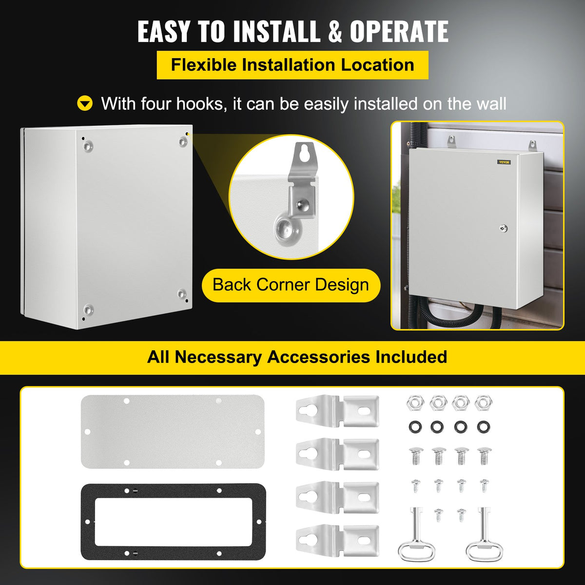 VEVOR NEMA Steel Enclosure, 20 x 16 x 10\'\' NEMA 4X Steel Electrical Box, IP66 Waterproof & Dustproof, Outdoor/Indoor Electrical Junction Box, with Mounting Plate