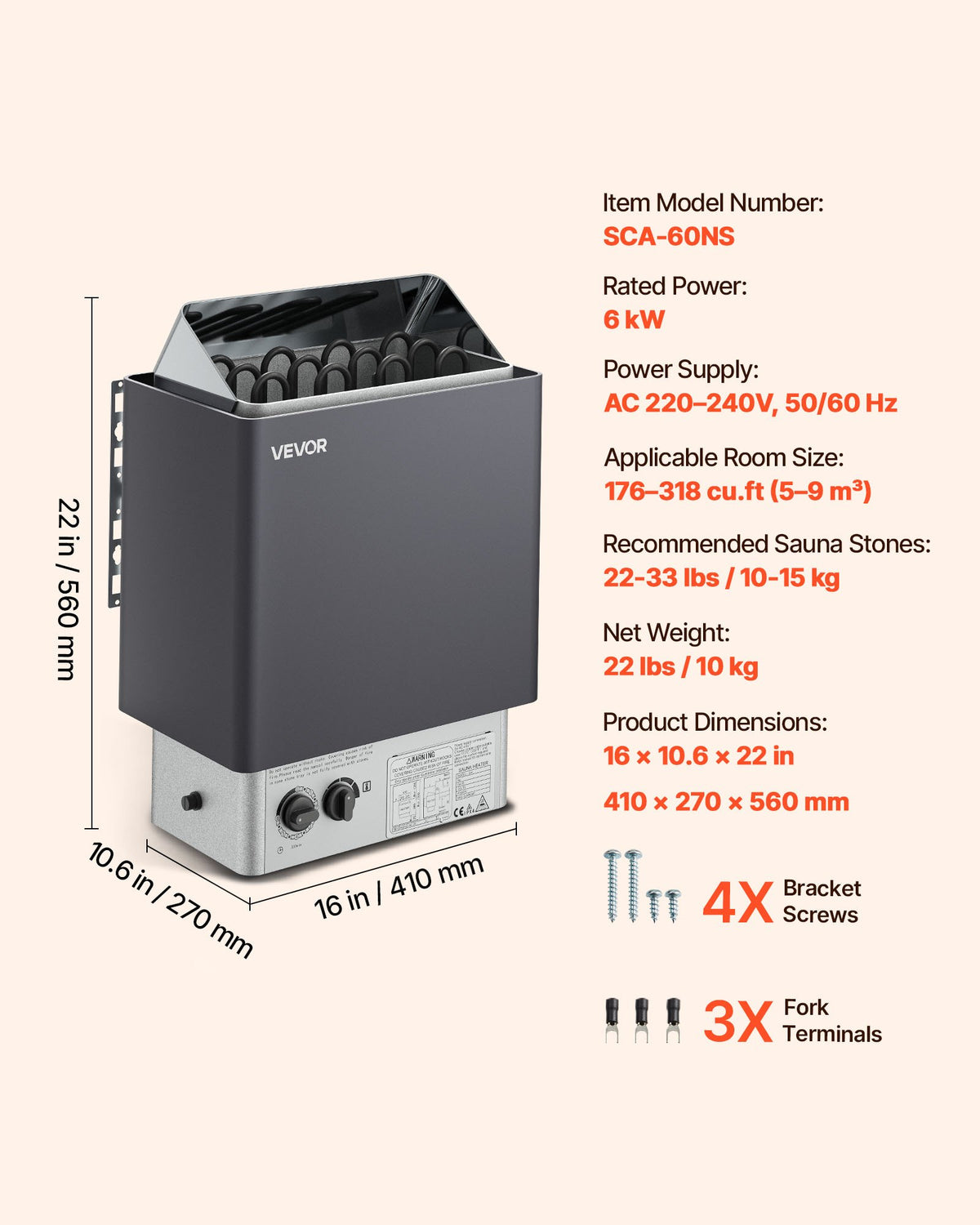 VEVOR Sauna Heater, 6KW 220V Electric Sauna Stove, Steam Bath Sauna Heater with Built-In Controls, 3h Timer and Adjustable Temp for Max. 176-318 Cubic Feet, Home Hotel Spa Shower Use