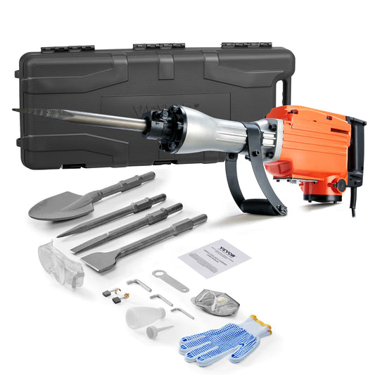 VEVOR Demolition Jack Hammer, 2200W 1400 BPM Jack Hammer Concrete Breaker, Heavy Duty Electric Jack Hammer 4pcs Chisels Bit with Gloves, 360°C Swiveling Front Handle for Trenching and Breaking Holes