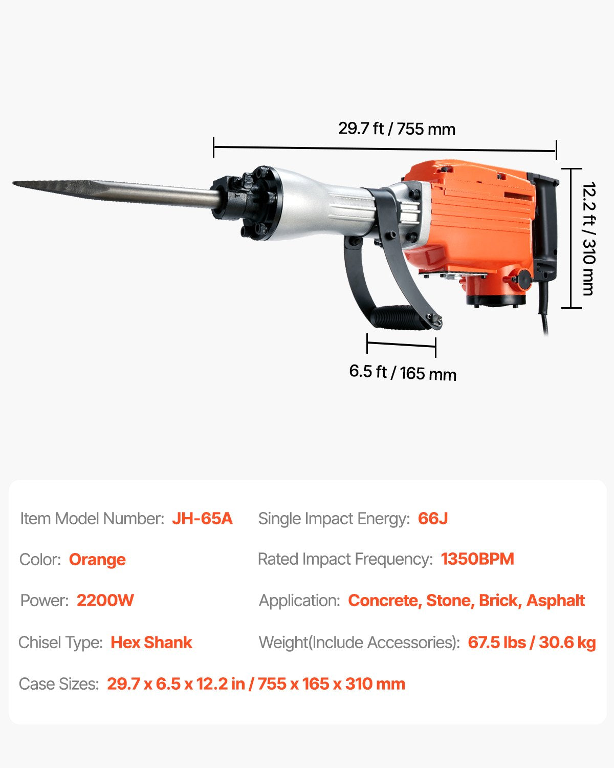 VEVOR Demolition Jack Hammer, 2200W Electric Jackhammer Heavy Duty, 1440 BPM Concrete Breaker 6pcs Chisels Bit Chipping with Case