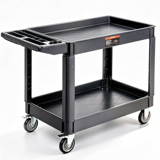 VEVOR Utility Service Cart, 2 Shelf 550LBS Heavy Duty Plastic Rolling Utility Cart with 360° Swivel Wheels (2 with Brakes), Large Lipped Shelf, Ergonomic Storage Handle for Warehouse/Garage/Cleaning