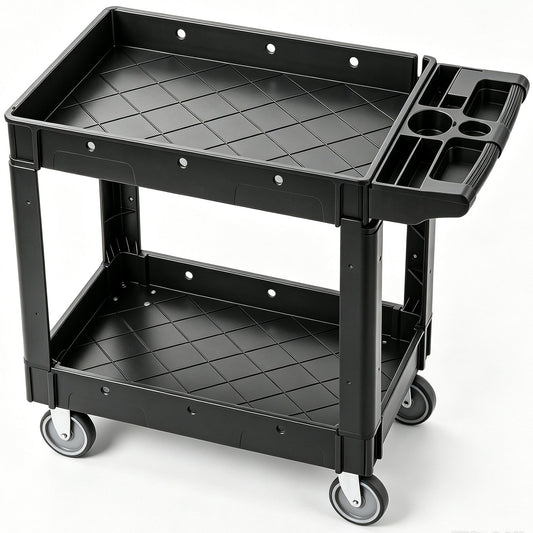 VEVOR Utility Service Cart, 2 Shelf 550LBS Heavy Duty Plastic Rolling Utility Cart with 360° Swivel Wheels, Medium Lipped Shelf, Ergonomic Storage Handle for Warehouse/Garage/Cleaning/Office