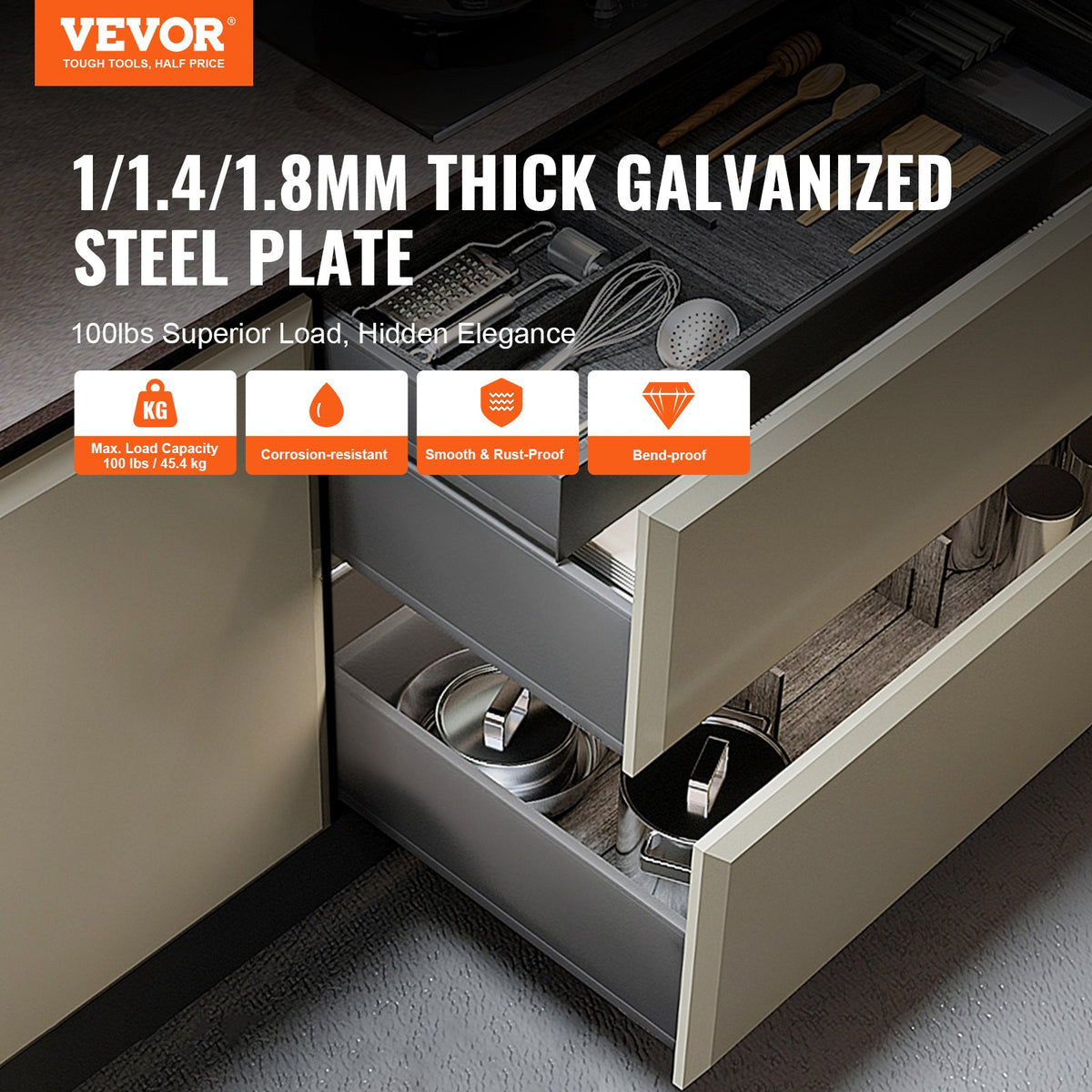 VEVOR 6 Pairs of 15 Inch Drawer Bottom Side Mount Rails, Heavy Duty Full Ball Bearing Extension Steel Track, Soft-Close Noiseless Guide Glides Cabinet Kitchen Runners with Locking Mechanism, 100 Lbs