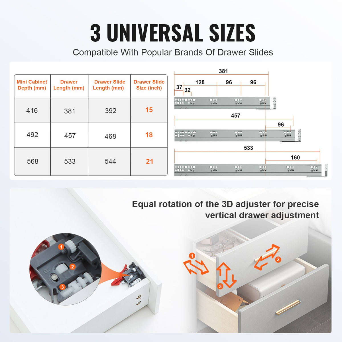 VEVOR 6 Pairs of 21 Inch Drawer Bottom Side Mount Rails, Heavy Duty Full Ball Bearing Extension Steel Track, Soft-Close Noiseless Guide Glides Cabinet Kitchen Runners with Locking Mechanism, 100 Lbs