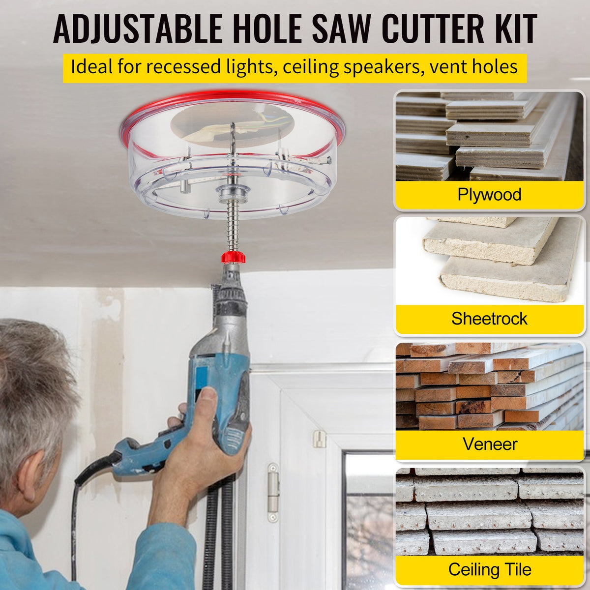 VEVOR Adjustable Hole Saw Cutter Kit, 1-5/8\" to 11-13 /16\" (40-300 mm), Recessed Hole Saw with PC Dust Shield, Two Replaceable Pilot Drill Bits, for Recessed Lights, Ceiling Speakers, Vent Holes