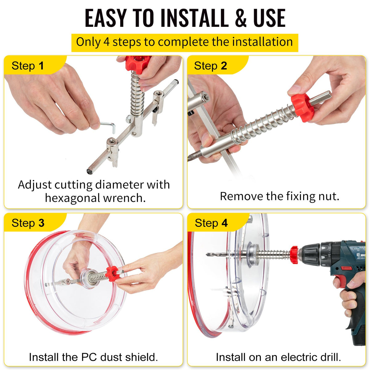 VEVOR Adjustable Hole Saw Cutter Kit, 1-5/8\" to 11-13 /16\" (40-300 mm), Recessed Hole Saw with PC Dust Shield, Two Replaceable Pilot Drill Bits, for Recessed Lights, Ceiling Speakers, Vent Holes