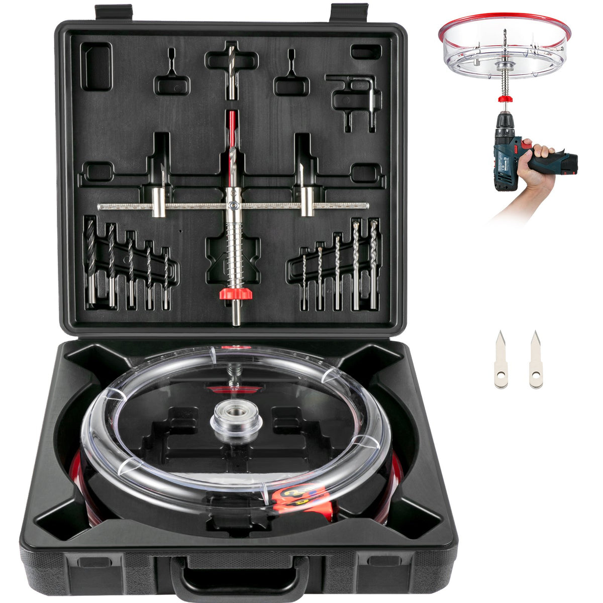 VEVOR Adjustable Hole Saw Cutter Kit, 1-5/8\" to 11-13 /16\" (40-300 mm), Recessed Hole Saw with PC Dust Shield, Two Replaceable Pilot Drill Bits, for Recessed Lights, Ceiling Speakers, Vent Holes