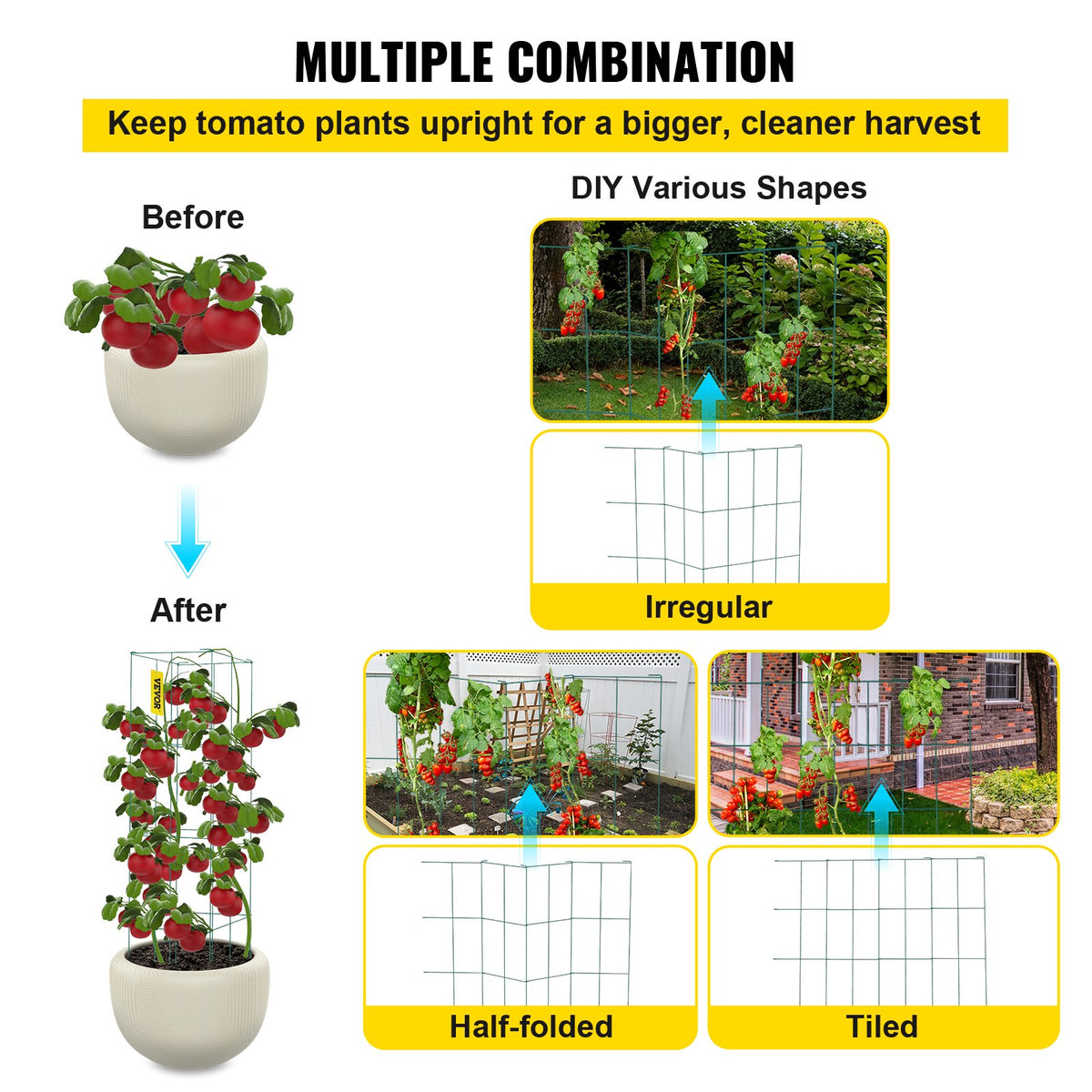VEVOR Tomato Cages, 11.8\" x 11.8\" x 46.1\", 10 Packs Square Plant Support Cages, Green PVC-Coated Steel Tomato Towers for Climbing Vegetables, Plants, Flowers, Fruits