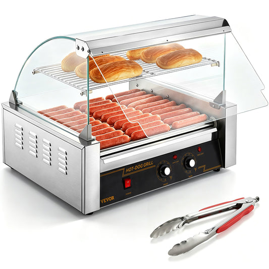 VEVOR Hot Dog Roller, 11 Rollers 30 Hot Dogs Capacity, 1650W Stainless Sausage Grill Cooker Machine with Dual Temp Control Glass Hood Acrylic Cover Bun Warmer Shelf Removable Drip Tray, ETL Certified
