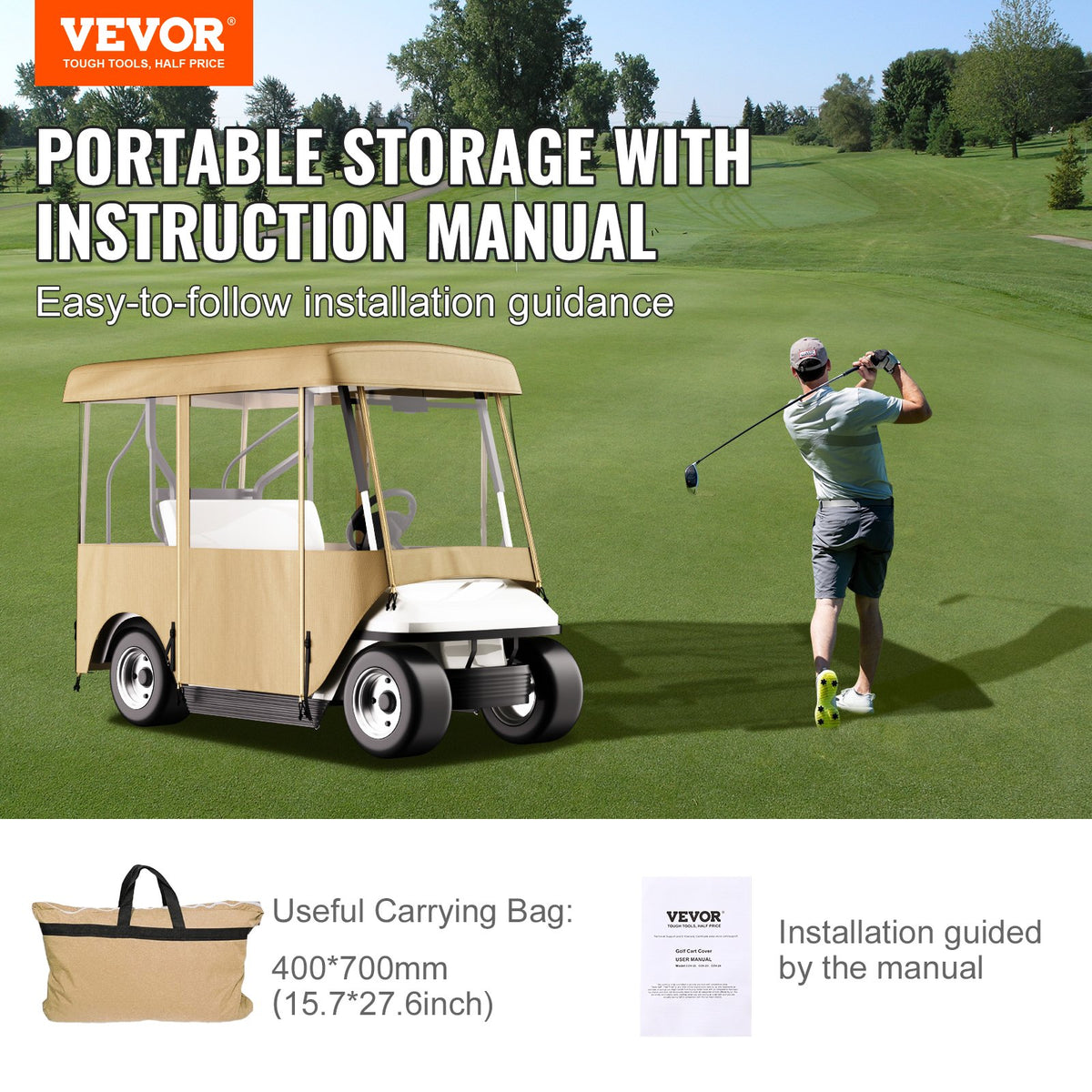 VEVOR Golf Cart Enclosure, with 4-Sided Fairway Deluxe, 300D Waterproof Driving Enclosure with Transparent Windows, Fit for 2+2 Seats Golf Carts (Roof Up to 78.7''L)