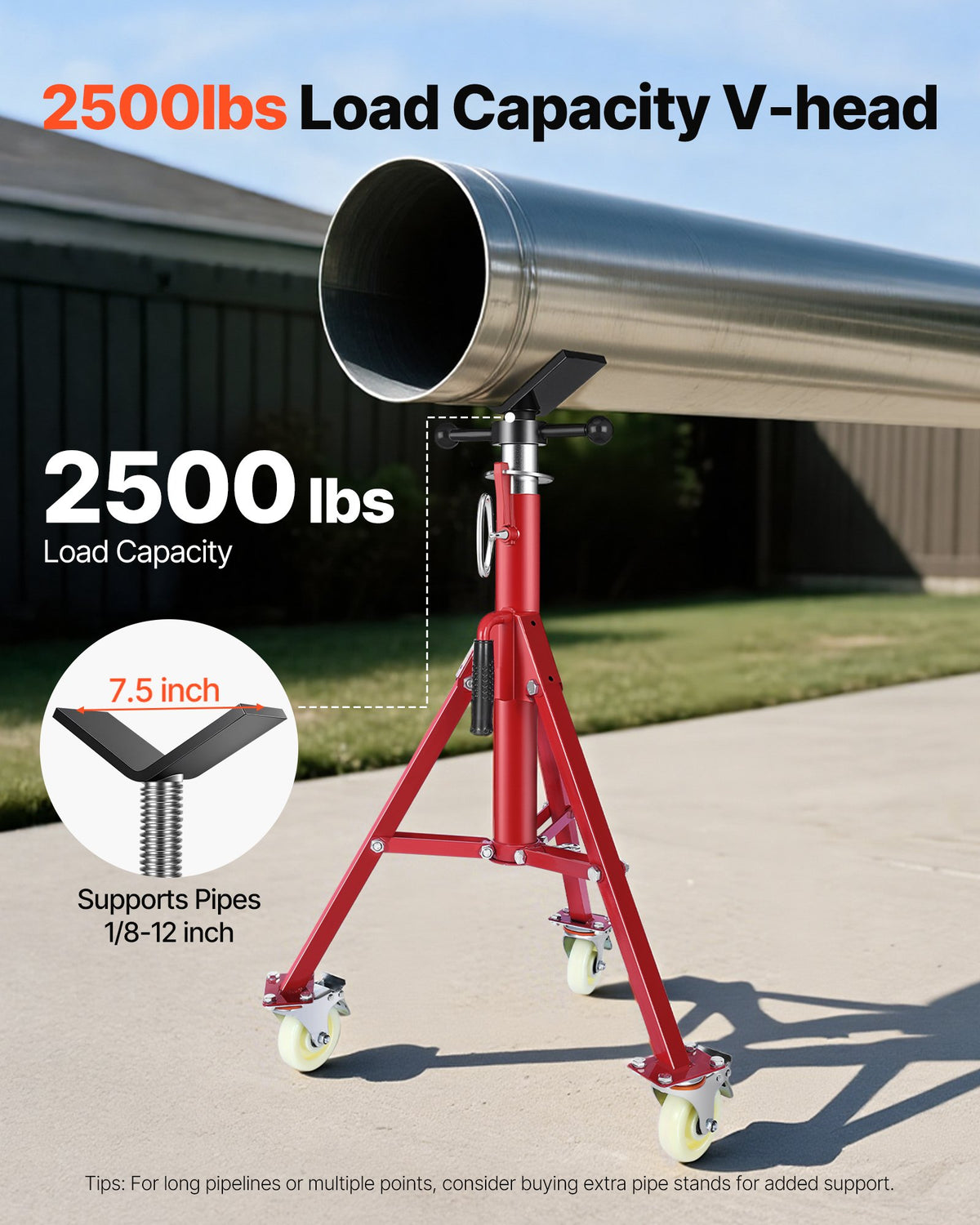 VEVOR Pipe Stand, V Head Pipe Stand Adjustable Height 20-37 Inch, 2500LBS Pipe Stands with Casters, Folding Portable Pipe Stands for 1/8 to 12 Inch Pipe Supporting