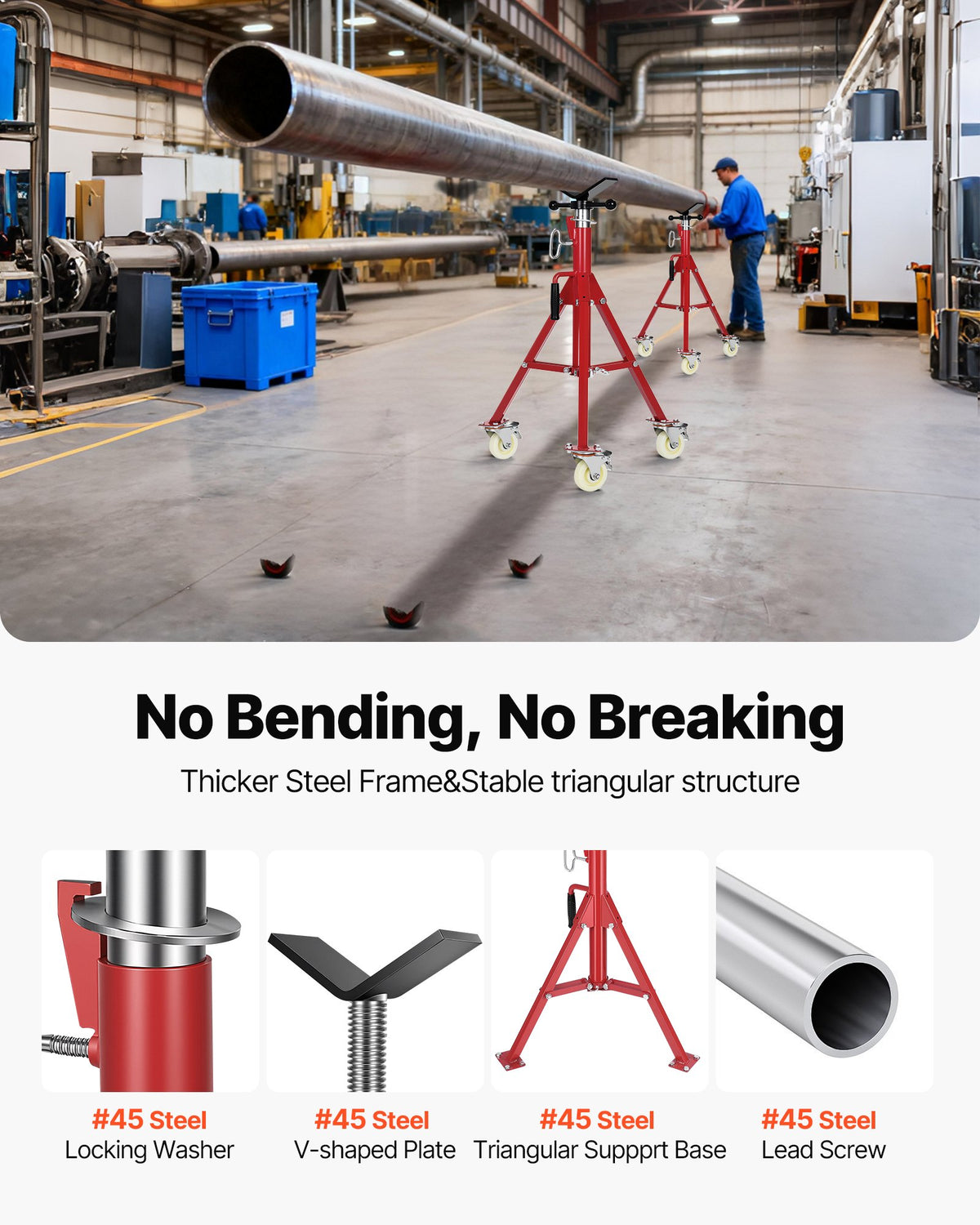 VEVOR Pipe Stand, V Head Pipe Stand Adjustable Height 20-37 Inch, 2500LBS Pipe Stands with Casters, Folding Portable Pipe Stands for 1/8 to 12 Inch Pipe Supporting