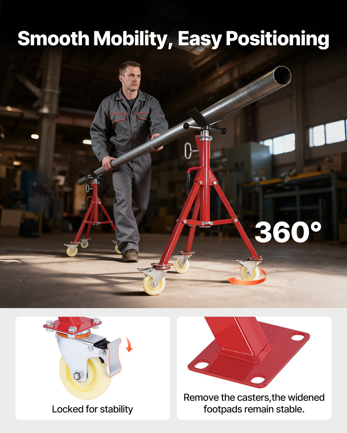 VEVOR Pipe Stand, V Head Pipe Stand Adjustable Height 20-37 Inch, 2500LBS Pipe Stands with Casters, Folding Portable Pipe Stands for 1/8 to 12 Inch Pipe Supporting