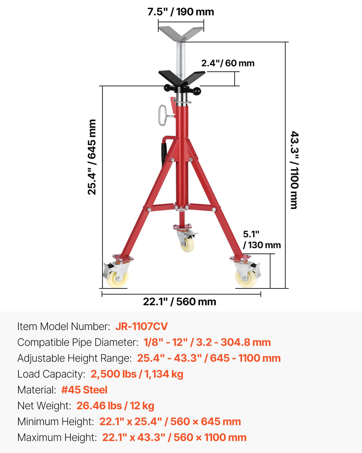 VEVOR Pipe Stand, V Head Pipe Stand Adjustable Height 20-37 Inch, 2500LBS Pipe Stands with Casters, Folding Portable Pipe Stands for 1/8 to 12 Inch Pipe Supporting