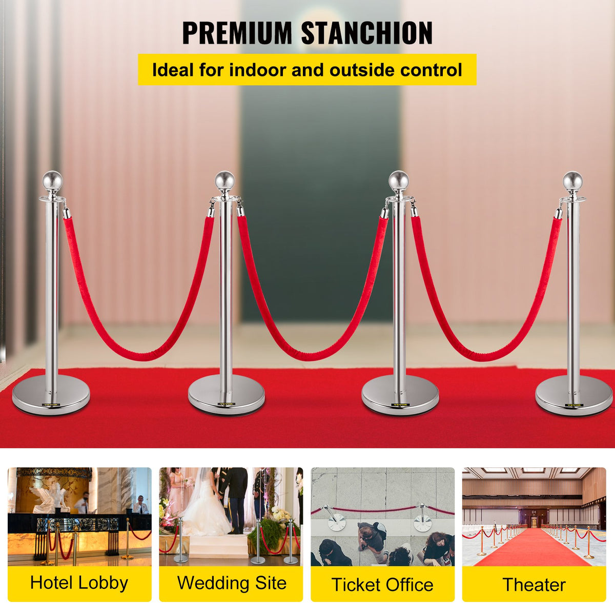 VEVOR Crowd Control Stanchion, Set of 4 Pieces Silver Stanchion Set, Stanchion Set with 5 ft/1.5 m Red Velvet Rope, Crowd Control Barrier