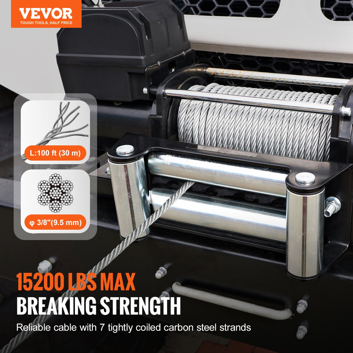 VEVOR Galvanized Steel Winch Cable, 3/8 Inch x 100 Feet 15,200 lbs Breaking Strength, Wire Winch Rope with Swivel Hook, Towing Cable Heavy Duty, Universal Fit for SUV, Large Off-Road Vehicle, Truck