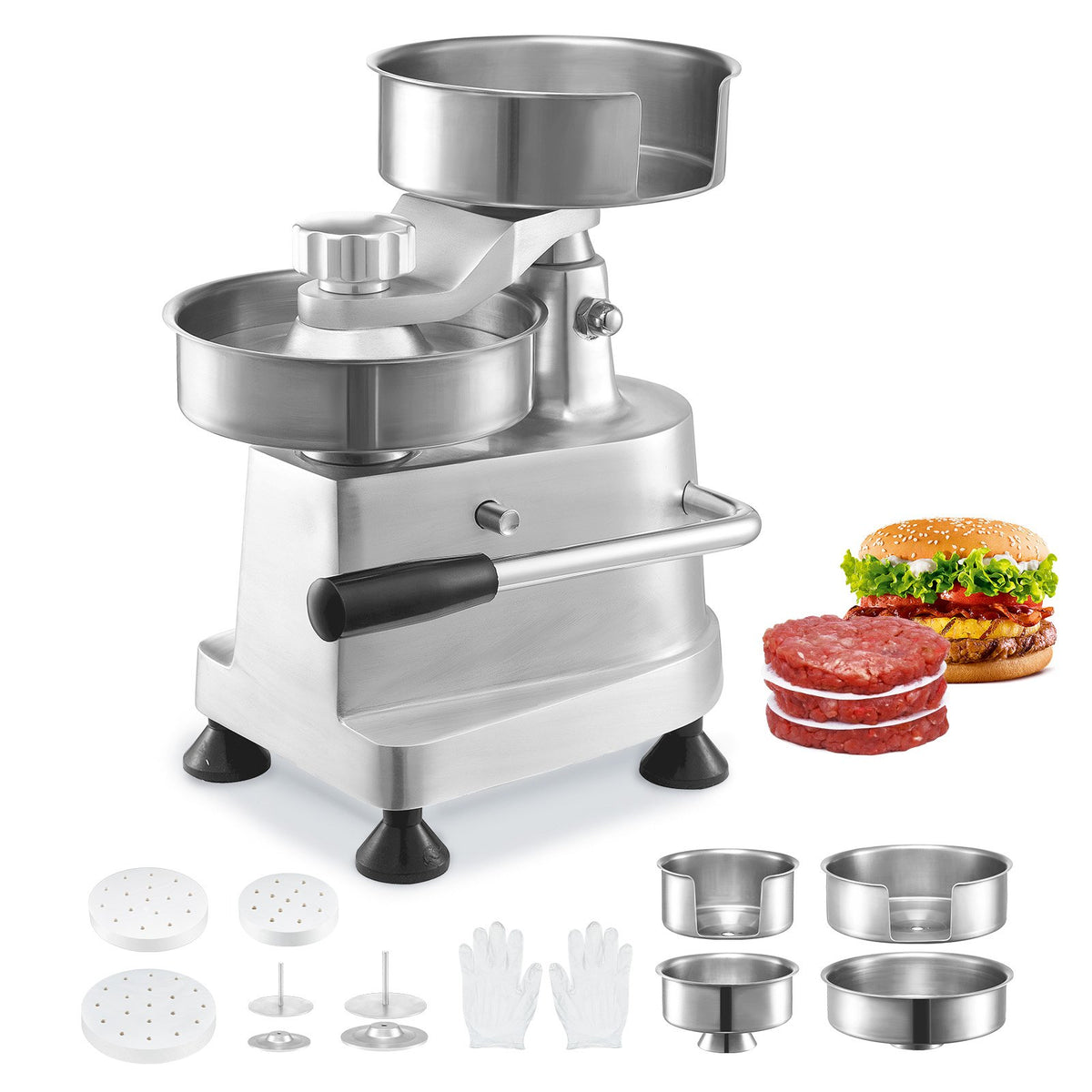 VEVOR Commercial Burger Patty Maker, Hamburger Beef Patty Maker with 3 Convertible Mold(4/5/6-inch), Heavy Duty Stainless Steel Burger Press Machine, Meat Forming Processor with 1500 Pcs Patty Papers