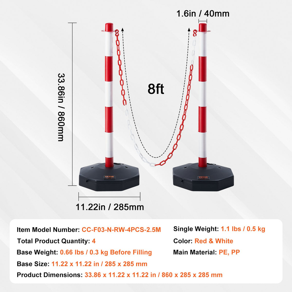 VEVOR Adjustable Traffic Delineator Post Cones, 4 Pack, Traffic Safety Delineator Barrier with Fillable Base 8FT Chain, for Traffic Control Warning Parking Lot Construction Caution Roads, Red & White