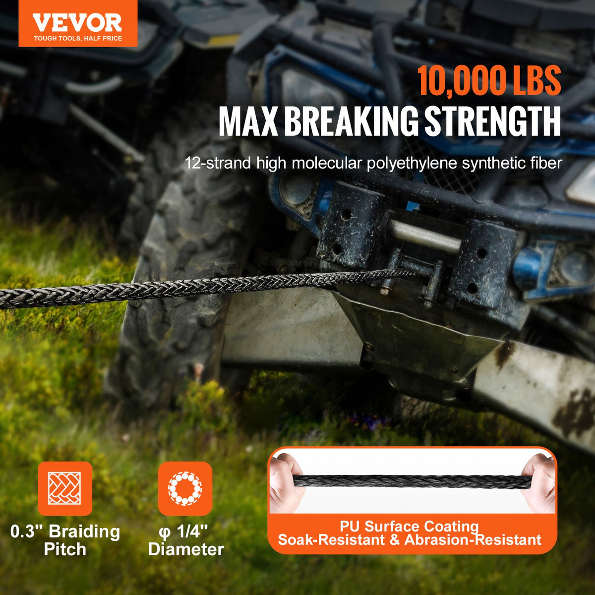 VEVOR Synthetic Winch Rope, 1/4 Inch x 50 Feet 10,000 lbs Synthetic Winch Line Cable Rope with Protective Sleeve + Stopper + Forged Winch Hook + Pull Strap, Fit for ATV, UTV, Small Vehicle, Pickup