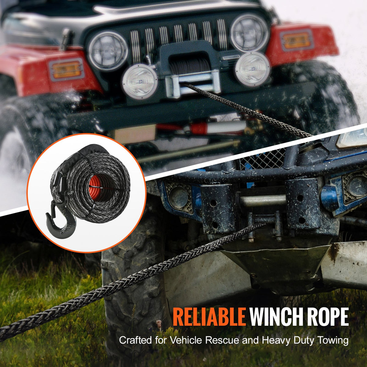 VEVOR Synthetic Winch Rope, 1/4 Inch x 50 Feet 10,000 lbs Synthetic Winch Line Cable Rope with Protective Sleeve + Stopper + Forged Winch Hook + Pull Strap, Fit for ATV, UTV, Small Vehicle, Pickup