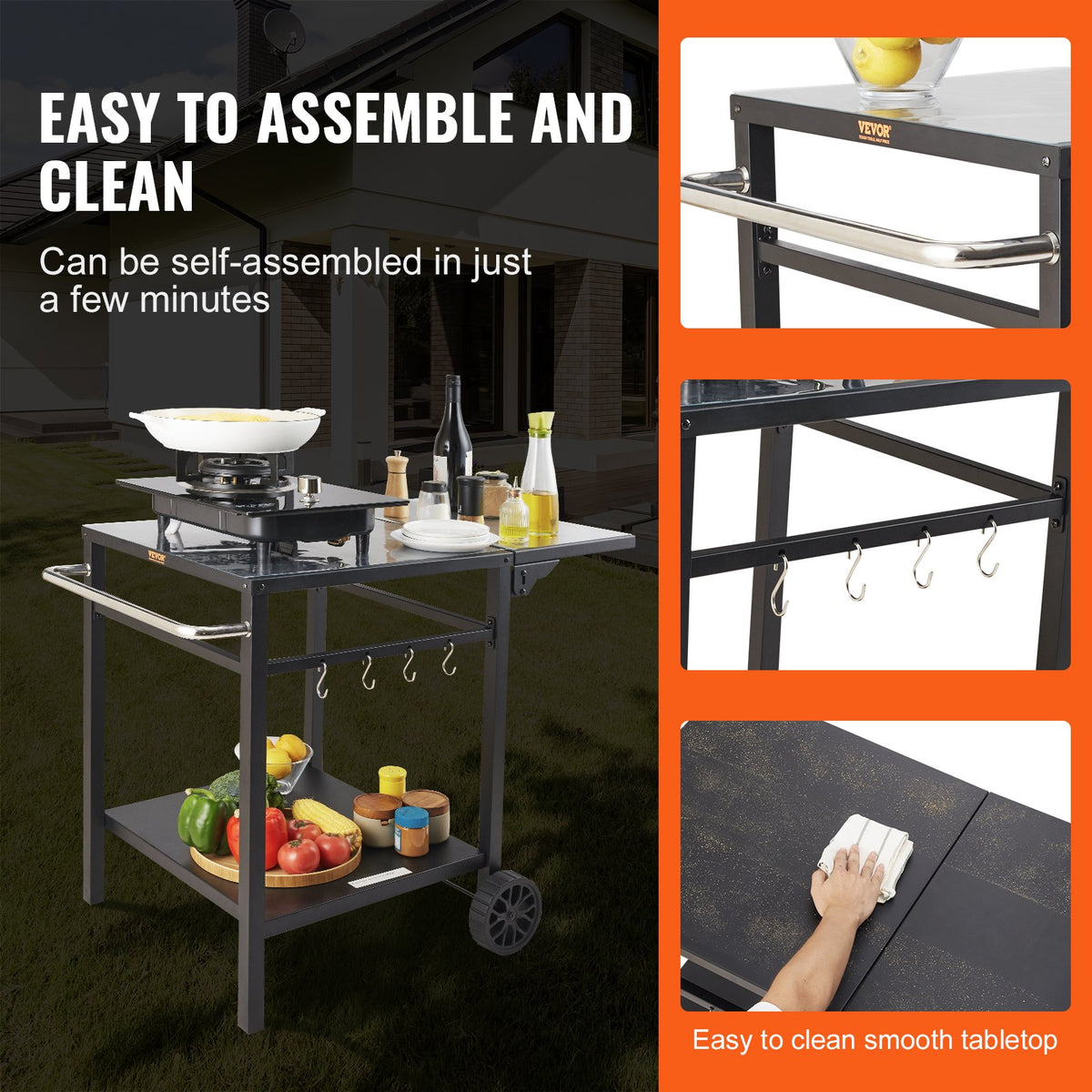 VEVOR Outdoor Grill Dining Cart with Double-Shelf, BBQ Movable Food Prep Table, Multifunctional Foldable Iron Table Top, Portable Modular Carts for Pizza Oven, Worktable with 2 Wheels, Carry Handle