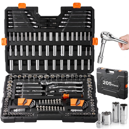 VEVOR Mechanics Tool Set and Socket Set, 1/4" 3/8" 1/2" Drive Deep and Standard Sockets, 205 Pcs SAE and Metric Mechanic Tool Kit with Bits, Combination Wrench, Hex Wrenches, Accessories, Storage Case