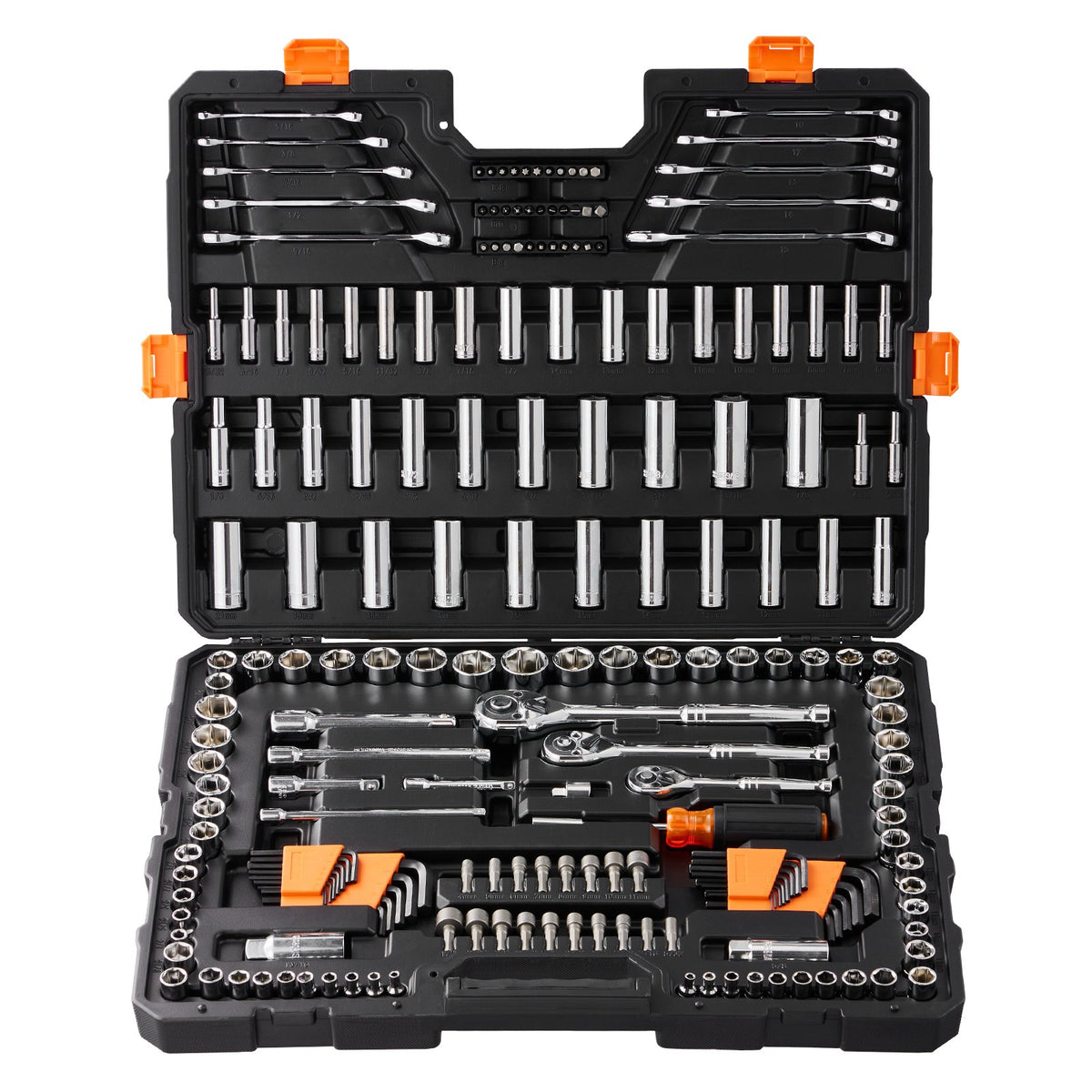 VEVOR Mechanics Tool Set and Socket Set, 1/4" 3/8" 1/2" Drive Deep and Standard Sockets, 205 Pcs SAE and Metric Mechanic Tool Kit with Bits, Combination Wrench, Hex Wrenches, Accessories, Storage Case