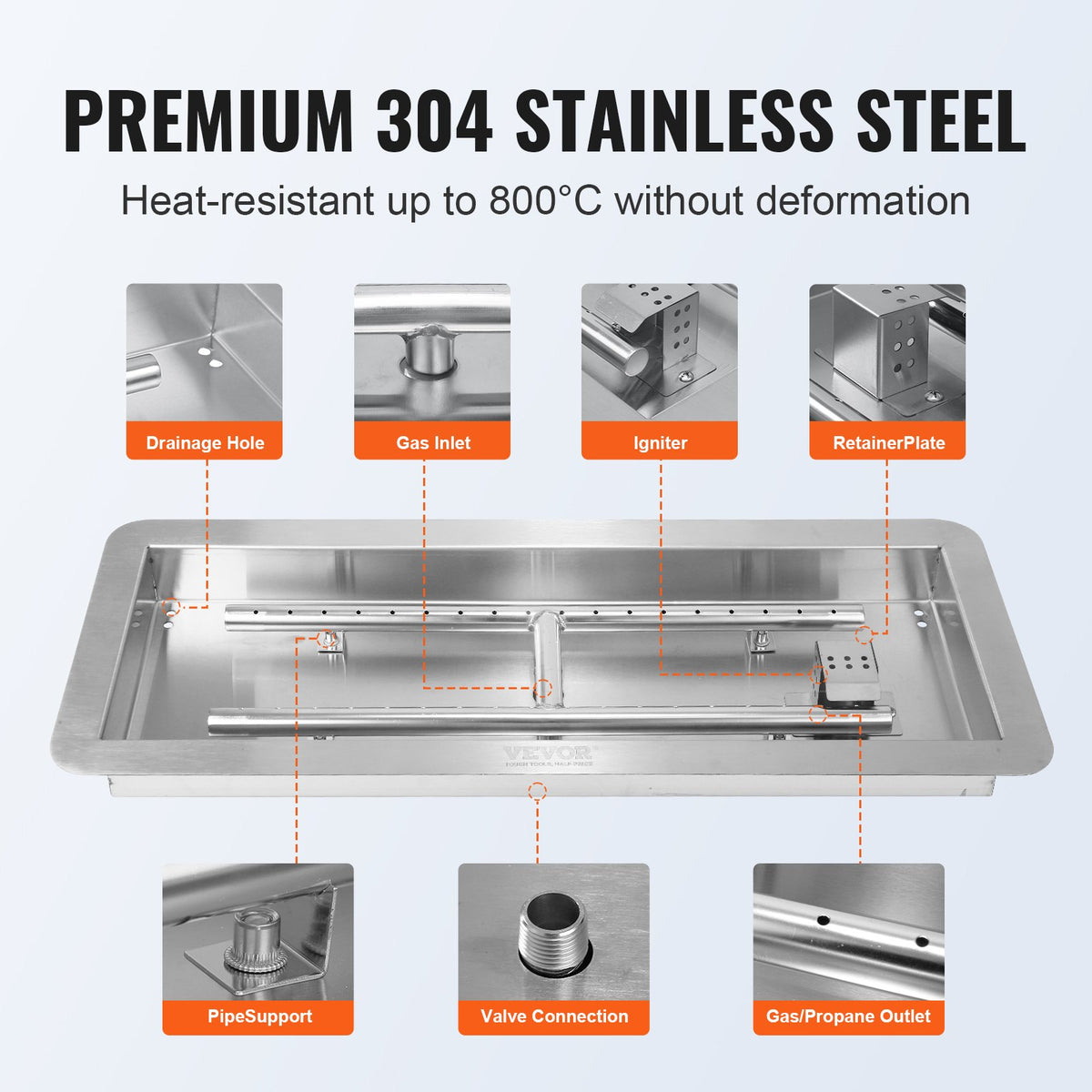 VEVOR 24 x 8 inch Drop-in Fire Pit Pan, Rectangular Stainless Steel Fire Pit Burner Kit, Propane Gas Fire Pan 120,000 BTU with H-Burner for Indoor or Outdoor Use