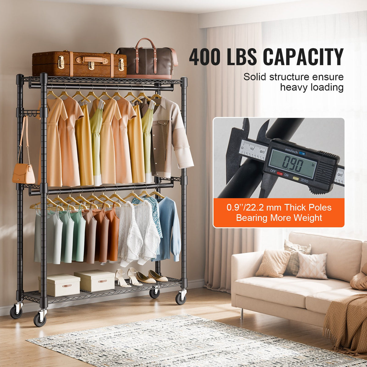 VEVOR Heavy Duty Clothes Rack, Rolling Clothing Garment Rack with 3 Storage Tiers, 2 Rods and 2 Pairs Side Hooks, Adjustable Height Clothing Rack Closet for Hanging Clothes, 400 Lbs Load Capacity