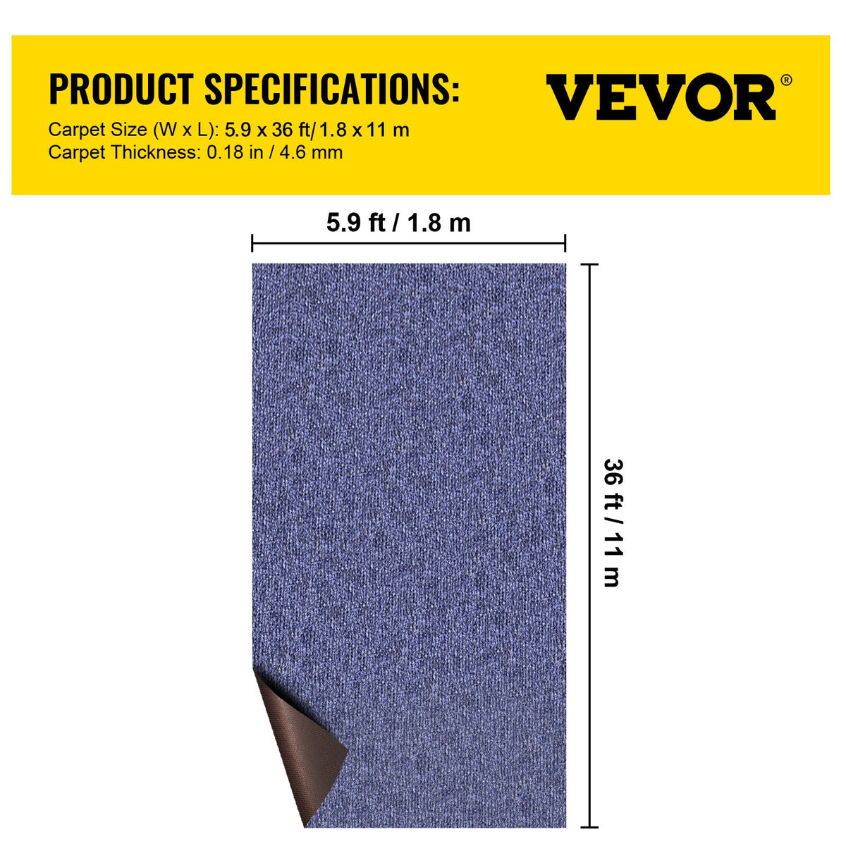 VEVOR Deep Blue Marine Carpet 5.9 ft x 36 ft Marine Carpeting Marine Grade Carpet for Boats with Waterproof Back Outdoor Rug for Patio Porch Deck Garage Outdoor Area Rug Runner Non-Slide Porch Rug