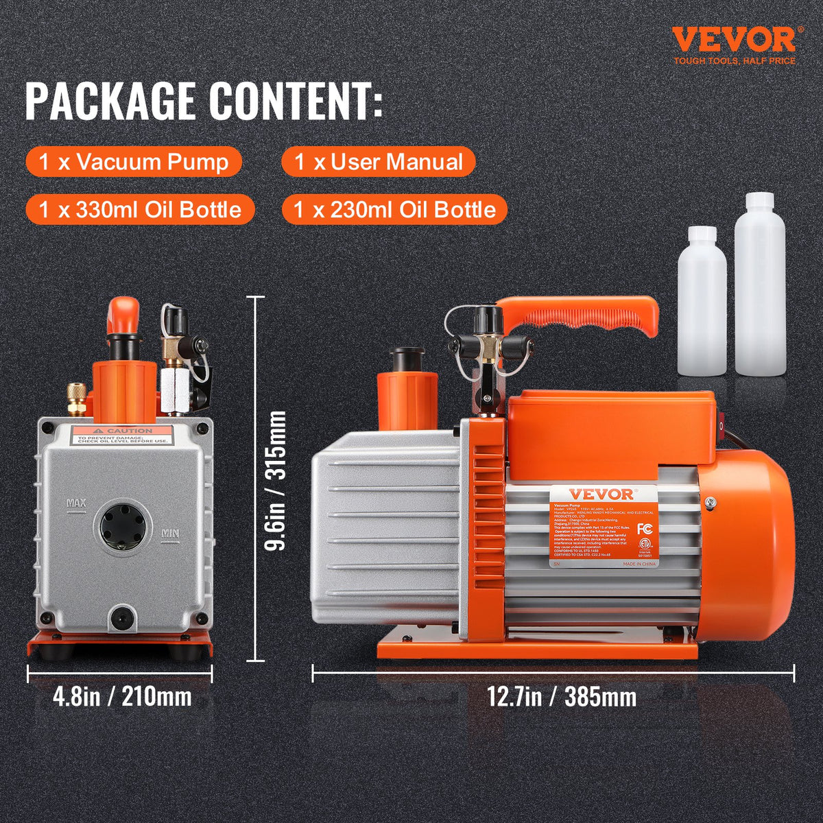 VEVOR 1/2 HP 2 Stage Rotary Vane Vacuum Pump, 5 CFM, 115V Air Conditioning Vacuum Pump, 1/4" SAE Male 3/8" SAE Male 1/2" ACME Male Inlet, for HVAC Repair, Refrigeration Maintenance, Resin Degassing